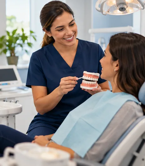 Dentista orienta paciente em consultório